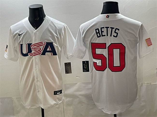 Men's USA Baseball #50 Mookie Betts White World Baseball Classic Stitched Jersey